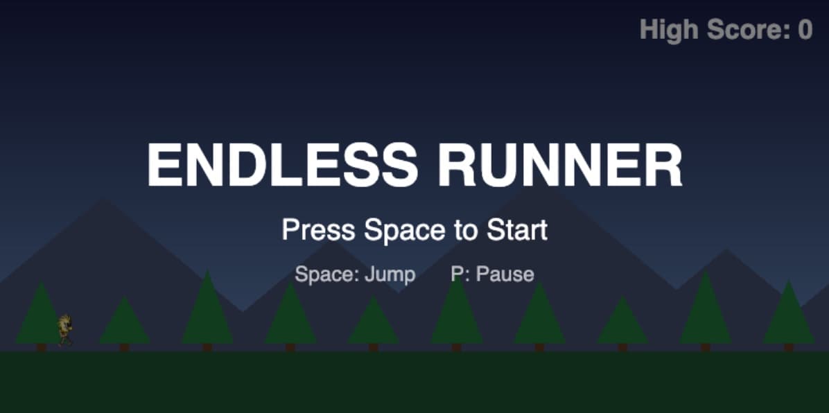 Endless Runner title screen: the game's name over a night-time scene of mountains and pine trees, with 'Press Space to Start' and a High Score counter.